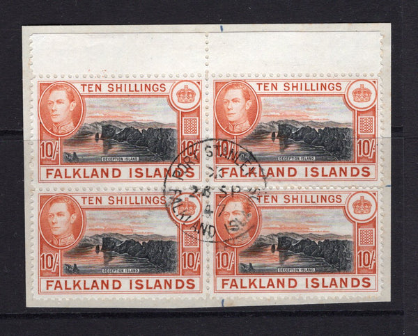 FALKLAND ISLANDS - 1938 - MULTIPLE: 10/- black & orange brown GVI issue, a superb used block of four on piece with central strike of PORT STANLEY cds dated 24 SEP 1947. (SG 162)  (FAL/29132)