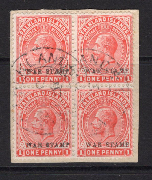 FALKLAND ISLANDS - 1918 - MULTIPLE: 1d vermilion GV issue with 'WAR STAMP' overprint, line perf 14. A superb cds used block of four on piece. (SG 71)  (FAL/29134)