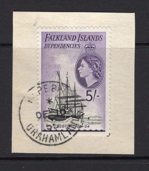 FALKLAND ISLANDS DEPENDENCIES - 1954 - CANCELLATION: 5/- black & violet QE2 'Ship' issue tied on large piece by good strike of HOPE BAY GRAHAMLAND cds dated DEC 10 1955. (SG G38)  (FAL/32628)