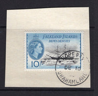 FALKLAND ISLANDS DEPENDENCIES - 1954 - DEPENDENCIES - CANCELLATION: 10/- black & blue QE2 'Ship' issue tied on large piece by fine strike of HOPE BAY GRAHAMLAND cds dated DEC 10 1955. (SG G39)  (FAL/32630)