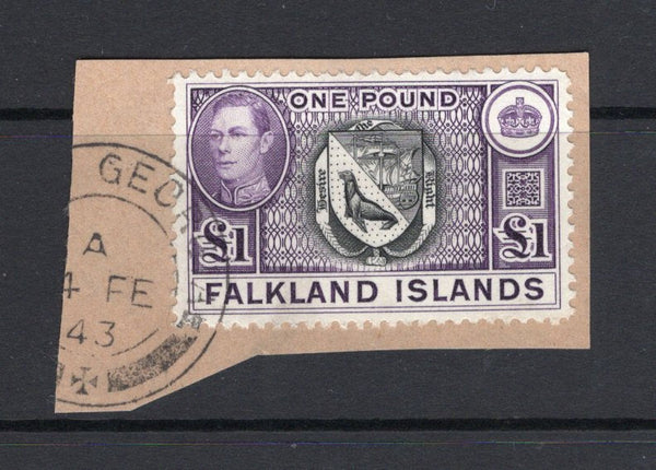 FALKLAND ISLANDS DEPENDENCIES - 1938 - CANCELLATION: £1 black & violet GVI issue tied on small piece by part strike of SOUTH GEORGIA cds dated FEB 1943. (SG Z88)  (FAL/32633)