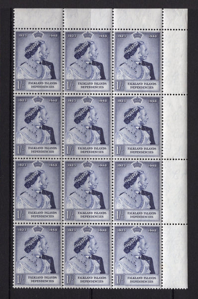 FALKLAND ISLANDS DEPENDENCIES - 1948 - DEPENDENCIES - GVI ISSUE & MULTIPLE: 1/- violet blue 'Silver Wedding' issue, a superb unmounted mint corner marginal block of twelve. (SG G20)  (FAL/32634)