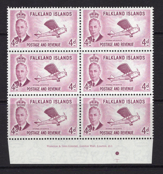 FALKLAND ISLANDS - 1952 - MULTIPLE: 4d reddish purple GVI 'Airplane' issue, a fine unmounted mint corner marginal block of six with 'Waterlow & Sons Limited, London Wall, London, E.C.' imprint in margin. (SG 177)  (FAL/34438)