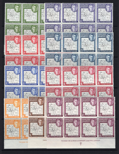 FALKLAND ISLANDS DEPENDENCIES - 1948 - MULTIPLE & VARIETY: GVI 'Thin Map' issue the complete set of nine in superb unmounted mint marginal blocks of eight with 'Thomas De La Rue & Company, Limited, London.' imprint in bottom margin and each block (other than the 2½d) showing variety 'DOT ON T OF SOUTH POLE' on two stamps positions 5/4 and5/6. Fine & rare. (SG G9/16 & G9b/G16a)  (FAL/34446)