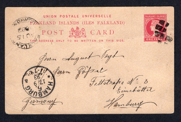 FALKLAND ISLANDS - 1893 - POSTAL STATIONERY: 1d carmine on buff QV postal stationery card (H&G 3) datelined 'Port Stanley 15/8 93' with dumb 'Cork' cancel in black and FALKLAND ISLANDS cds dated AUG 15 1893 both on front. Addressed to GERMANY with arrival cds on front. The card has a full commercial message in German on reverse. Light vertical crease through centre but a very scarce commercial use.  (FAL/39562)