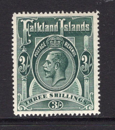 FALKLAND ISLANDS - 1912 - GV ISSUE: 3/- slate green GV issue, watermark 'Multi Crown CA', a fine unmounted mint copy. (SG 66)  (FAL/40230)