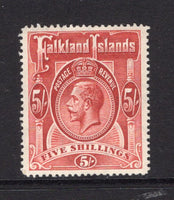 FALKLAND ISLANDS - 1912 - GV ISSUE: 5/- deep rose red GV issue, watermark 'Multi Crown CA', a fine unmounted mint copy. (SG 67)  (FAL/40231)