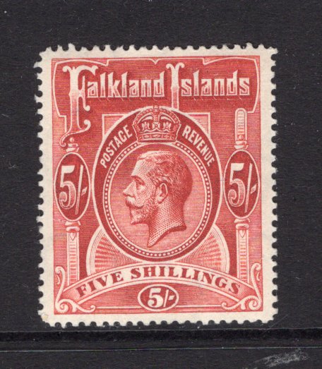 FALKLAND ISLANDS - 1912 - GV ISSUE: 5/- deep rose red GV issue, watermark 'Multi Crown CA', a fine unmounted mint copy. (SG 67)  (FAL/40231)