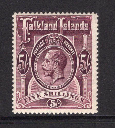 FALKLAND ISLANDS - 1912 - GV ISSUE: 5/- maroon GV issue, watermark 'Multi Crown CA', a fine unmounted mint copy. (SG 67b)  (FAL/40232)
