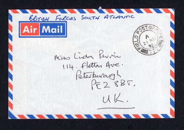 FALKLAND ISLANDS - 1982 - FALKLANDS WAR: Stampless airmail cover with manuscript 'British Forces South Atlantic' at top with FIELD POST OFFICE 777 cds dated 21 NO 1982 of the forwarding station on the island of Ascension used for forwarding mail to and from the ships and military involved in the Falklands War. Addressed to UK.  (FAL/40691)