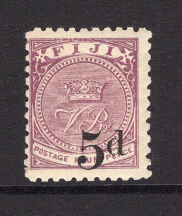 FIJI - 1892 - QV ISSUE: 5d on 4d deep purple QV issue perf 10, a fine mint copy. (SG 73)  (FIJ/12229)