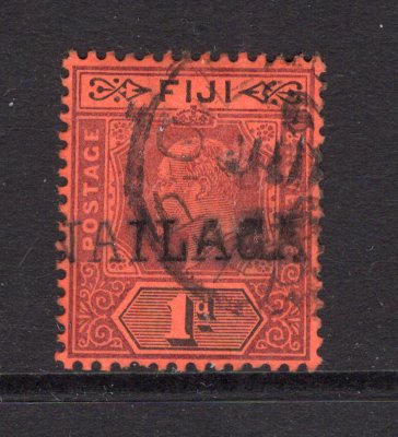 FIJI - 1904 - CANCELLATION: 1d dull purple & black on red EVII issue used with superb strike of straight line 'NAILAGA' cancel in black and additional GPO SUVA cds. A very rare cancel. (SG 116)  (FIJ/12256)