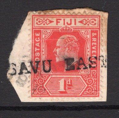 FIJI - 1906 - CANCELLATION: 1d red EVII issue a used copy on small piece tied by fine strike of straight line 'SAVU SAVU EAST ' cancel in black. (SG 119)  (FIJ/12257)