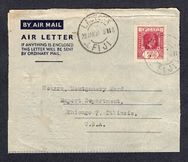 FIJI - 1951 - POSTAL STATIONERY & CANCELLATION: 7d maroon GVI postal stationery airletter (H&G FG1) used with LAUTOKA cds with second strike alongside. Addressed to USA.  (FIJ/19036)