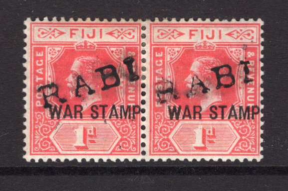 FIJI - 1918 - CANCELLATION: 1d deep rose GV issue with 'WAR STAMP' overprint, a fine used pair with two complete strikes of straight line 'RABI' cancel in black. (SG 137d)  (FIJ/28883)