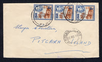 FIJI  -  1950  -  DESTINATION: Cover franked strip of three 1938 1d brown & blue GVI issue (SG 250) tied by SUVA cds's addressed to 'Elwyn Christian, PITCAIRN ISLAND' with good strike of PITCAIRN ISLAND POST OFFICE arrival cds dated 22 AUG 1950 on front. Roughly opened and repaired at base. A very scarce destination for commercial mail.  (FIJ/293)