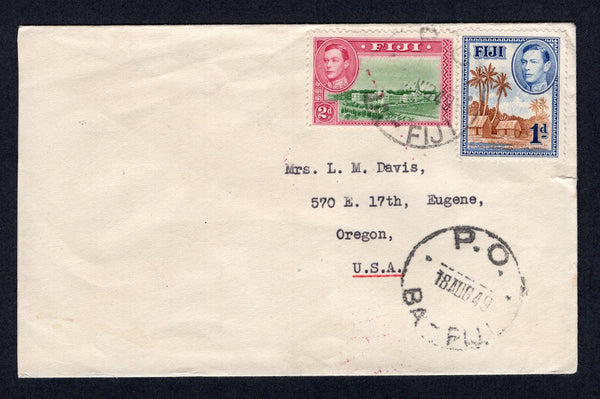 FIJI - 1949 - CANCELLATION: Cover franked with 1938 1d brown & blue and 2d green & magenta GVI issue (SG 250 & 255) tied by large P.O. BA - FIJI cds dated 18 AUG 1949 with fine second strike alongside. Addressed to USA.  (FIJ/39393)