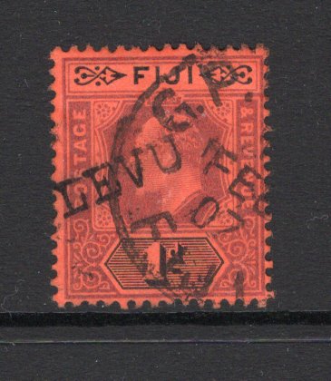FIJI - 1907 - CANCELLATION: 1d dull purple & black on red EVII issue used with part strike of straight line 'SOLEVU' cancel in black and additional part strike of GPO SUVA cds dated FEB 1907. (SG 116)  (FIJ/39794)