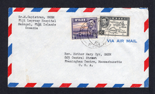 FIJI - 1952 - LEPER COLONY: Airmail cover with typed 'Sr. M. Capistran SMSM, Fiji Leprosy Hospital, Makogai, Fiji Islands, Oceania' return address at top franked with 1938 6d black and 2/- violet & orange GVI issue (SG 261 & 264) tied by MAKOGAI cds's dated 30 NOV 1952. Addressed to USA. The Leper colony was run by the Missionary Sisters of the Society of Mary from 1911 through to the 1960s.  (FIJ/41576)