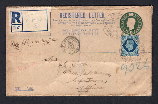 GREAT BRITAIN - 1944 - MILITARY: 3d green GVI military postal stationery registered envelope (H&G IC2A) used with added 1937 10d turquoise blue GVI issue (SG 474) tied by FIELD POST OFFICE 33 cds's dated 31 MAR 1944 located at TORBRUK, LIBYA with printed blue on white registration label with manuscript & handstamped 'FPO 33' inserted. Addressed to SOUTH AFRICA with small censor mark on front and additional censor mark on reverse.  (GBR/38524)