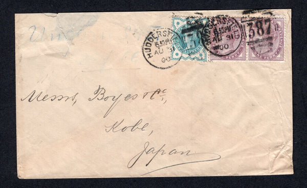 GREAT BRITAIN - 1900 - DESTINATION: Cover franked with 1881 pair 1d lilac and 1900 ½d blue green QV issue (SG 172 & 213) tied by HUDDERSFIELD '387' duplex cds's dated AUG 31 1900. Addressed to KOBE, JAPAN with HONG KONG transit cds and KOBE arrival cds on reverse. Couple of small opening tears at top left but otherwise a scarce destination.  (GBR/38548)