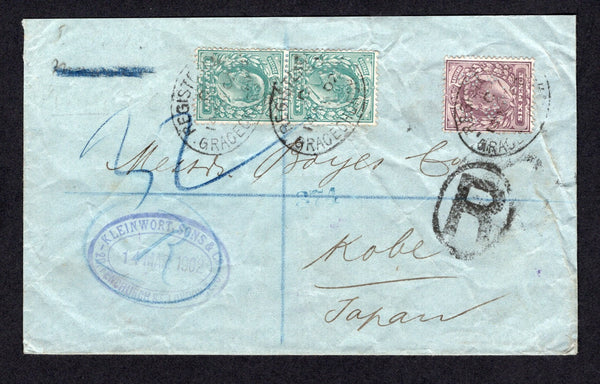 GREAT BRITAIN - 1902 - REGISTRATION, DESTINATION & PERFIN: Cover with oval 'Kleinwort , Sons & Co.' company handstamp on front franked with 1902 pair ½d blue green and 6d pale dull purple EVII issue (SG 216 & 245) all with 'K S & Co.' PERFINS tied by oval REGISTERED GRACECHURCH STREET cancels dated 14 MAR 1902 with large oval 'R' registration marking alongside. Addressed to KOBE, JAPAN with KOBE arrival cds on reverse. Backflap missing.  (GBR/38552)