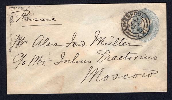 GREAT BRITAIN - 1893 - DESTINATION: 2½d light grey blue QV postal stationery envelope (H&G B11) used with LIVERPOOL cds dated AP 20 1893. Addressed to MOSCOW, RUSSIA with arrival cds on reverse.  (GBR/38748)
