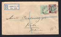 GREAT BRITAIN - 1907 - DESTINATION & PERFIN: Registered cover franked with 1902 ½d pale yellowish green and 4d green & chocolate brown EVII issue (SG 217 & 236) both with 'G.B.L.L.' PERFINS of the 'German Bank of London Limited' tied by oval THROGMORTON AVENUE REGISTERED cancel dated 1 NOV 1907 with printed blue on white registration label alongside. Addressed to KOBE, JAPAN with KOBE arrival cds on reverse.  (GBR/39565)