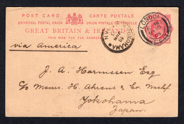 GREAT BRITAIN - 1905 - DESTINATION: 1d carmine EVII postal stationery card (H&G 30) used with LONDON E.S 13 cds dated MAY 16 1905. Addressed to YOKOHAMA, JAPAN with fine YOKOHAMA arrival cds in black on front.  (GBR/39566)