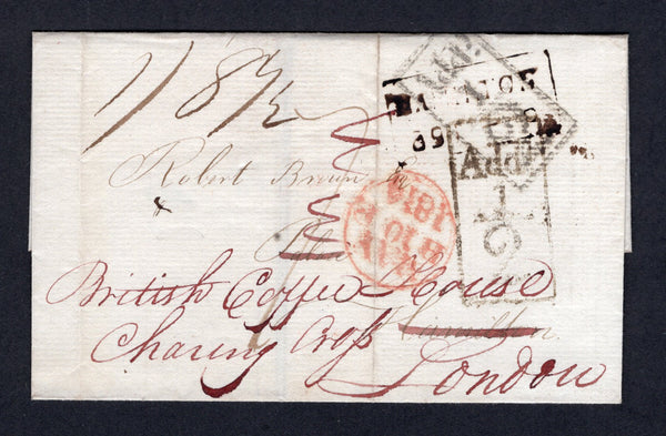 GREAT BRITAIN - 1914 - COFFEE HOUSE MAIL: Prestamp cover from LONDON to HAMILTON with boxed HAMILTON cancel applied on arrival and rated '1/8½' with two strikes of boxed 'Addl. ½' marking in black to pay the 'Stagecoach Wheel Tax'. Redirected back to LONDON and addressed to 'Robert Brown, British Coffee House, Charring Cross, London' (an early forwarding service) with two LONDON markings on front & reverse.  (GBR/40799)