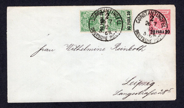 GERMAN COLONIES - P.O.s IN TURKISH EMPIRE - 1892 - POSTAL STATIONERY: 20pa on 10pf carmine on bluish grey postal stationery envelope (H&G RB1) used with added pair 1889 10pa on 5pf blue green (SG 10) tied by CONSTANTINOPEL DEUTSCHE POST cds. Addressed to GERMANY with arrival cds on reverse. Very fine.  (GER/19644)