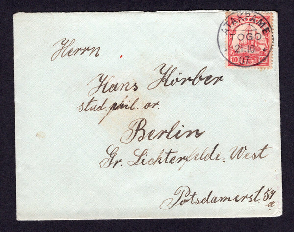 GERMAN COLONIES - TOGO - 1907 - CANCELLATION: Cover franked with single 1900 10pf carmine 'Yacht' issue (SG G9) tied by fine ATAKPAME TOGO cds dated 21.10 1907. Addressed to GERMANY with arrival cds on reverse.  (GER/26235)