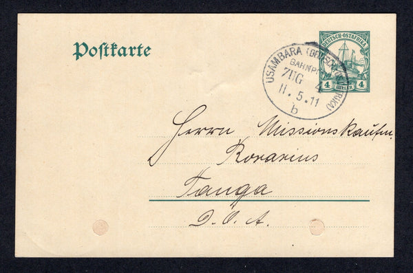 GERMAN COLONIES - GERMAN EAST AFRICA - 1909 -  TRAVELLING POST OFFICES: 4h green 'Yacht' type postal stationery card (H&G 18) used with fine strike of oval USAMBARA (DEUTSCHE OST AFRIKA) BAHNPOST ZUG 4 cancel dated 11. 5. 1911. Addressed to TANGA. Two repaired punch holes at base but otherwise fine commercial use.  (GER/29221)