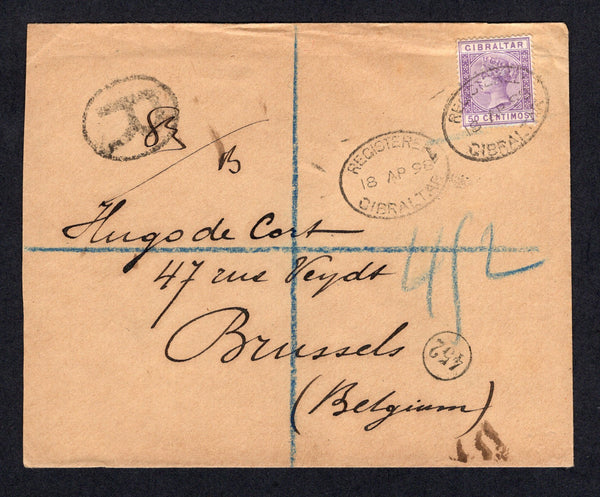 GIBRALTAR - 1898 - REGISTRATION: Registered cover franked with 1889 50c bright violet QV issue (SG 28) tied by fine oval REGISTERED GIBRALTAR cancel dated 18 APR 1898 with large 'R' in oval alongside. Addressed to BELGIUM with arrival cds on reverse.  (GIB/24116)