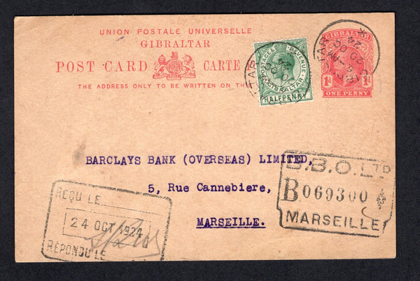 GIBRALTAR - 1924 - POSTAL STATIONERY: 1d rose on buff GV postal stationery card (H&G 30a) used with added 1921 ½d green GV issue (SG 89) tied by two strikes of GIBRALTAR cds dated 20 OCT 1924. Addressed to FRANCE with firms arrival marks on front.  (GIB/27409)