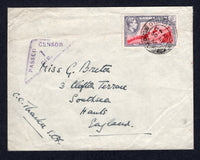 GIBRALTAR - 1945 - CENSORED MAIL: Cover franked with single 1938 6d carmine & grey violet GVI issue (SG 126) tied by GIBRALTAR cds with good strike of triangular 'PASSED BY CENSOR 1 GIB' marking in violet on front. Addressed to UK.  (GIB/29224)