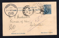 GIBRALTAR - 1914 - PRISONER OF WAR MAIL: Incoming 5c blue postal stationery card (H&G 34) sent from BUENOS AIRES, ARGENTINA with message reading 'Dear friend, Kind remembers from all of your friends of this, your Buenos Aires rowing club. Please send letters if you are allowed to do so' with signatures of 10 or more people. Addressed to 'Mr P. Breckwold, Prisoner of War, Gibraltar' with fine strike of circular 'PASSED BY CENSOR 31 OCT G4 GIB' censor marking in black on front with two different Gibraltar ar