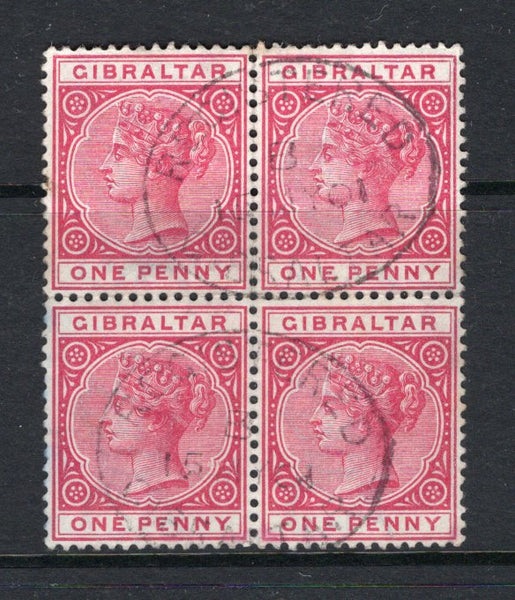 GIBRALTAR - 1898 - MULTIPLE: 1d carmine QV issue, a fine used block of four with light oval REGISTERED GIBRALTAR cancels dated 15 MAY 1901. Uncommon in used multiples. (SG 40)  (GIB/34660)