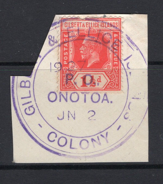 GILBERT & ELLICE ISLANDS - 1922 - CANCELLATION: 1½d scarlet GV issue tied on large piece by superb strike of large GILBERT & ELLICE ISLANDS COLONY ONOTOA P.O. cds dated JAN 2 1927. (SG 29)  (GIL/12449)