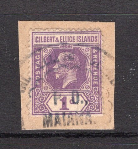 GILBERT & ELLICE ISLANDS - 1922 - CANCELLATION: 1d violet GV issue used on piece with part strike of undated P.O. MAIANA cancel. (SG 28)  (GIL/12453)
