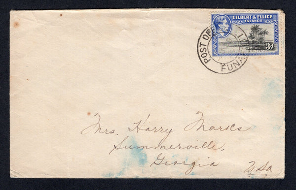 GILBERT & ELLICE ISLANDS - 1947 - CANCELLATION: Cover franked with 1939 3d brownish black & ultramarine GVI issue (SG 48) tied by good strike of POST OFFICE FUNAFUTI cds. Addressed to USA.  (GIL/13054)