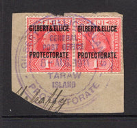 GILBERT & ELLICE ISLANDS - 1911 - CANCELLATION: 1d red EVII issue, pair tied on piece by fine complete strike of GILBERT & ELLICE ISLANDS PROTECTORATE GENERAL POST OFFICE TARAW ISLAND cds in purple. (SG 2)  (GIL/14710)