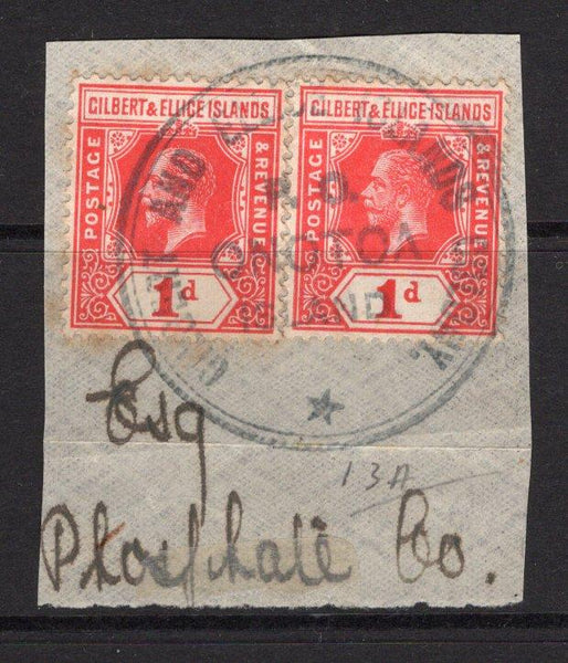 GILBERT & ELLICE ISLANDS - 1912 - CANCELLATION: 1d scarlet GV issue, pair tied on piece by fine complete strike of undated GILBERT & ELLICE ISLANDS COLONY P.O. ONOTOA ISLAND cancel in purple. (SG 13a)  (GIL/14712)