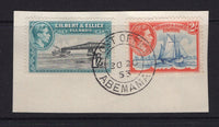 GILBERT & ELLICE ISLANDS - 1939 - CANCELLATION: 1/- brownish black & turquoise green and 2/- deep ultramarine & orange red GVI issue tied on piece by fine ABEMAMA cds dated 20 DEC 1953. (SG 51/52)  (GIL/17626)