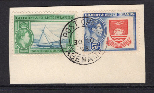 GILBERT & ELLICE ISLANDS - 1939 - CANCELLATION: 2/6 deep blue & emerald and 5/- deep rose red & royal blue GVI issue tied on piece by fine ABEMAMA cds dated 20 DEC 1953. (SG 53/54)  (GIL/17627)
