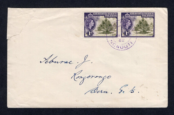 GILBERT & ELLICE ISLANDS - 1962 - CANCELLATION: Cover franked with pair 1956 1d brown olive & deep violet QE2 issue (SG 65) tied by POST OFFICE NONOUTI cds in purple. Addressed to BERU.  (GIL/26246)