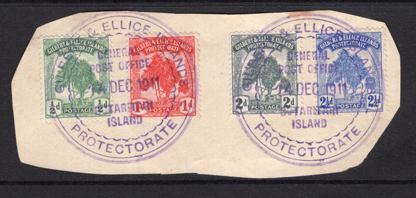 GILBERT & ELLICE ISLANDS - 1911 - CANCELLATION: 'Pandanus Pine' issue the set of four tied on large piece by two fine complete strikes of GILBERT & ELLICE ISLANDS PROTECTORATE GENERAL POST OFFICE BUTARITARI ISLAND cds in purple dated 14 DEC 1911. (SG 8/11)  (GIL/32636)
