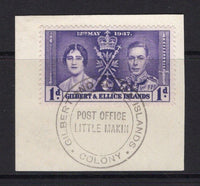 GILBERT & ELLICE ISLANDS - 1937 - CANCELLATION: 1d violet GVI 'Coronation' issue tied on piece by fine strike of undated GILBERT & ELLICE ISLANDS COLONY POST OFFICE LITTLE MAKIN cancel in black. (SG 40)  (GIL/32639)