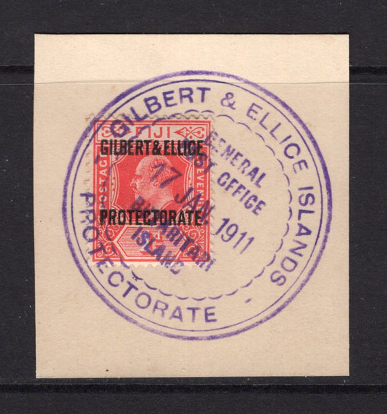 GILBERT & ELLICE ISLANDS - 1911 - CANCELLATION: 1d red EVII issue tied on large piece by fine complete strike of GILBERT & ELLICE ISLANDS PROTECTORATE GENERAL POST OFFICE BUTARITARI ISLAND cds in purple dated 17 JAN 1911. (SG 2)  (GIL/32906)