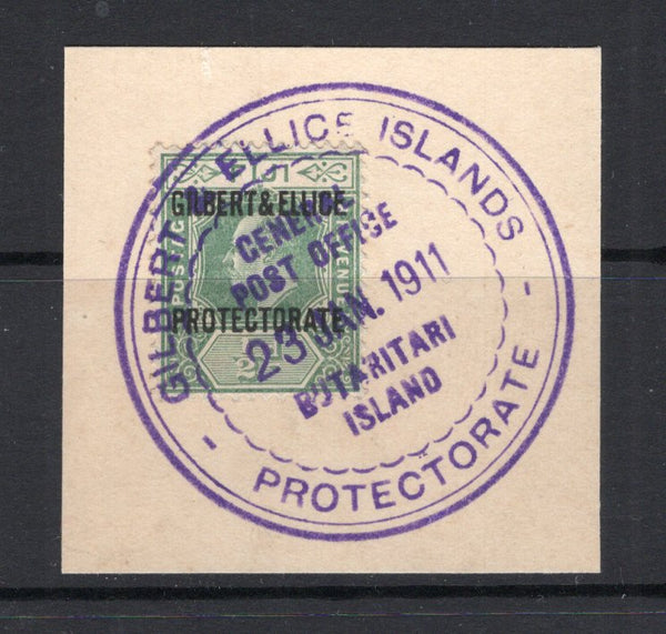 GILBERT & ELLICE ISLANDS - 1911 - CANCELLATION: ½d green EVII issue tied on large piece by fine complete strike of GILBERT & ELLICE ISLANDS PROTECTORATE GENERAL POST OFFICE BUTARITARI ISLAND cds in purple dated 23 JAN 1911. (SG 1)  (GIL/32907)